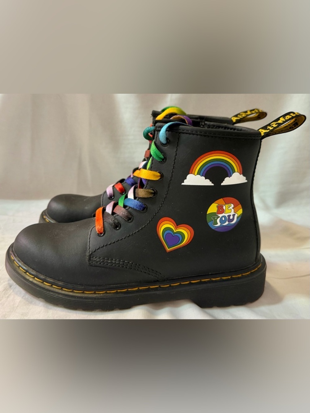 Dr Martens Combat Boots 1460 YOUTH Size 3 Retro Rainbow Combat Pride Black